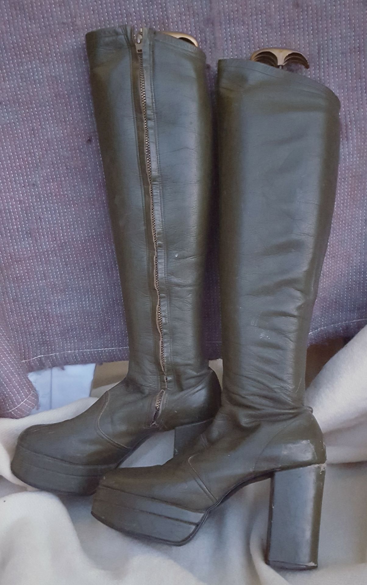 Vintage Retro Ladies Green Platform Knee Length Boots