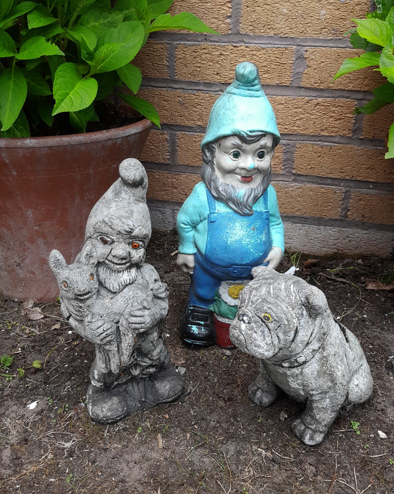 Vintage Garden Ornaments 2 x Gnomes & a Bulldog. NO RESERVE