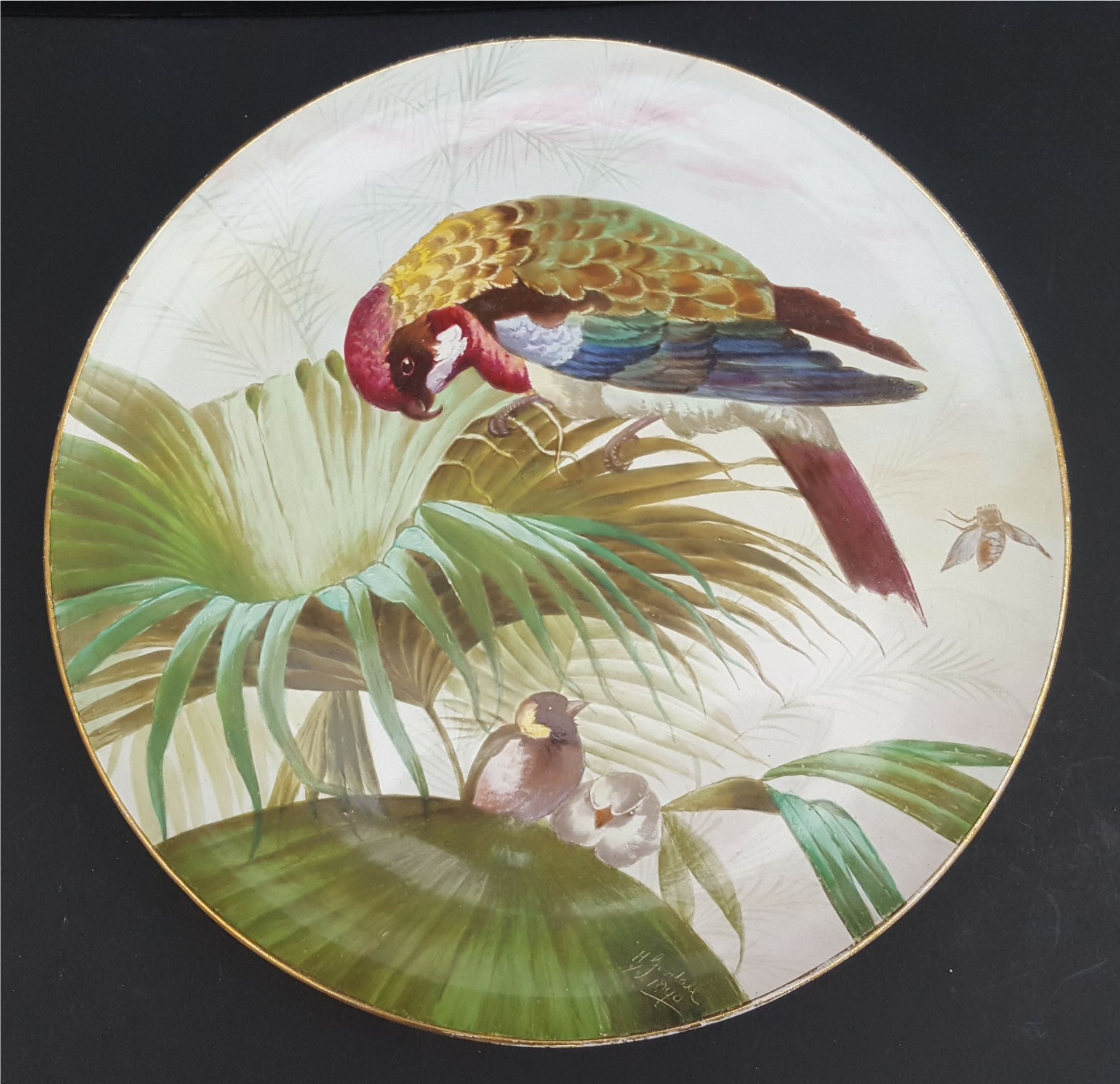 Antique Handpainted Wall Plaque Birds Signed H Goodall 1890 Exotic Bird