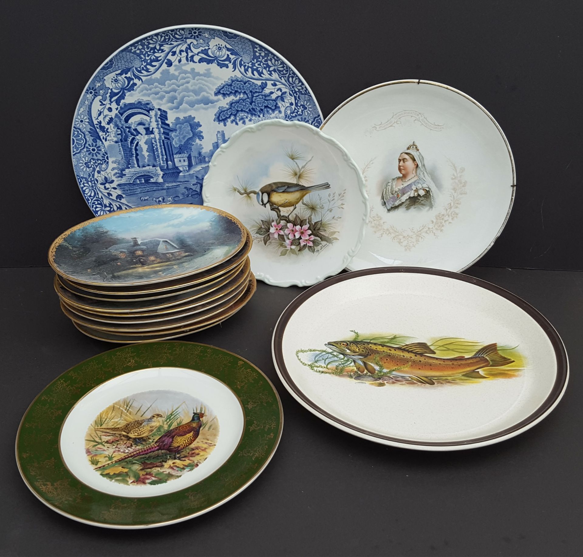 Vintage Collection 14 Collectable Plates Includes Victorian Spode Blue & White Birds & Fish