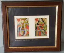 Antique 2 x Victorian Court Cards c1880 Mounted In Oak Frame