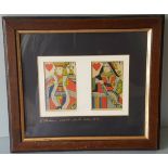 Antique 2 x Victorian Court Cards c1880 Mounted In Oak Frame