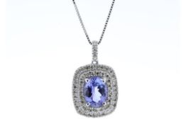 Certified by GIE 14ct White Gold Oval Tanzanite And Diamond Cluster Pendant 0.28 Carats, Colour-D,