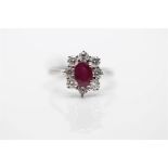 18ct White Gold Diamond Ruby Cluster Ring, Ruby Ruby- 1.00 Carats, Total Diamond Weight- 0.90