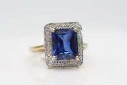 9ct Yellow Gold Ladies Diamond and Synthectic Sapphire Ring