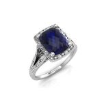 9ct White Gold Cushion Cluster Diamond And Created Ceylon Sapphire Ring