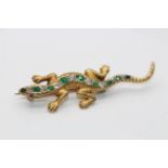 18ct Yellow Gold Vintage Diamond, Emerald and Ruby Lizzard Brooch