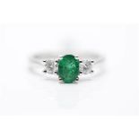 18ct White Gold Ladies Emerald And Diamond Ring, Set With One 0.80 Carat Emerald, Diamond Weight-