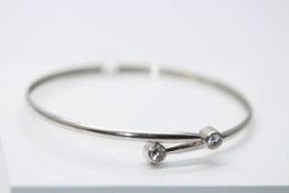 9ct White Gold Ladies Light Weight Bangle, Set With Two Round CZ Stones