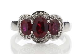 9ct White Gold Created Ruby Diamond Cluster Ring