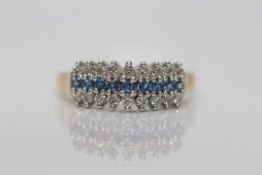 9ct Yellow gold Diamond ring, Set with three rows of Diamonds and blue stones, Weight-2.95 grams,