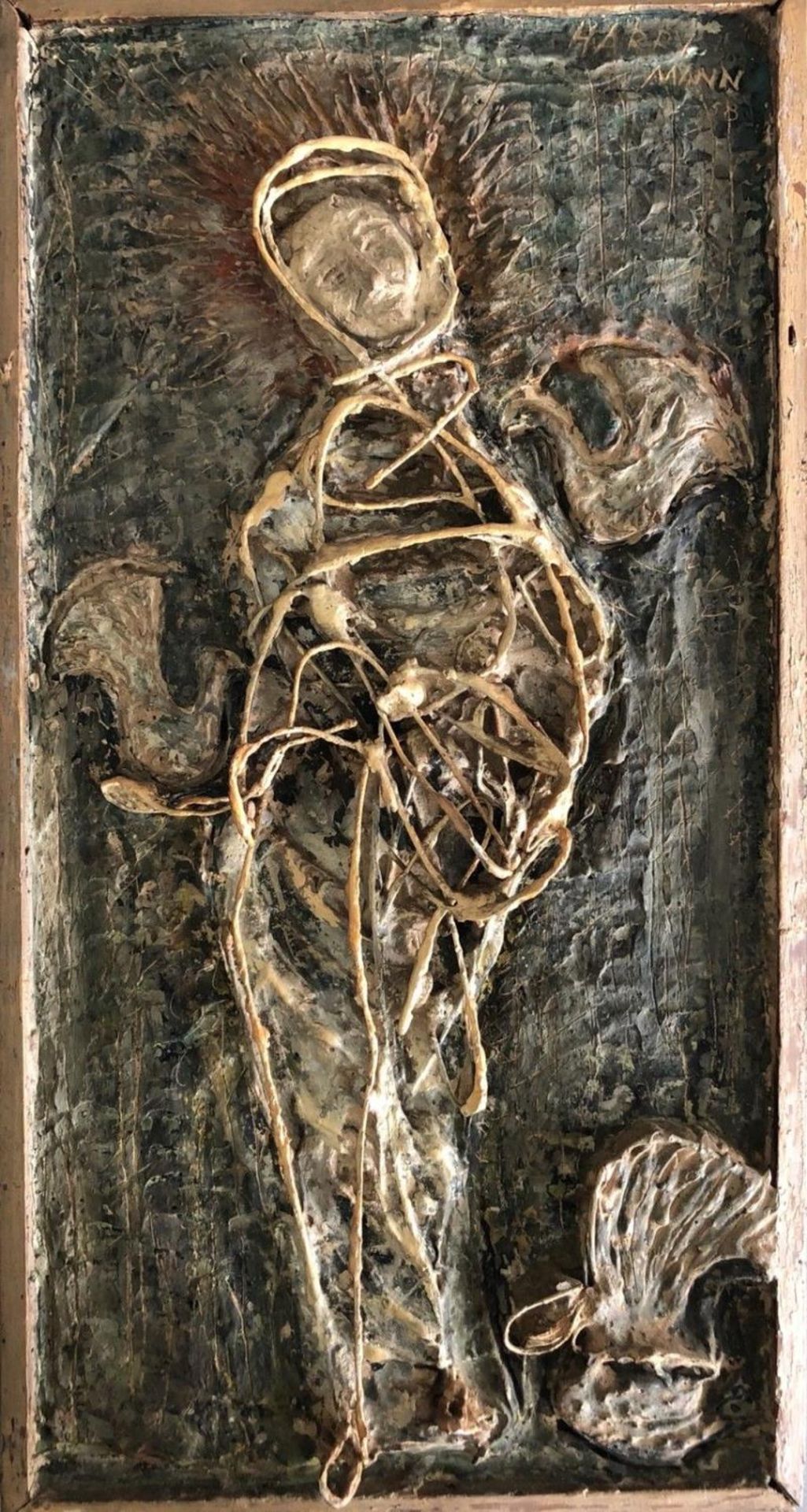 Harry Mann, British mid 20th century, painted plaster, wire and wood relief. Signed and dated 1958.