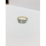 18ct yellow/white gold 1.30ct three stone diamond ring,0.70ct centre iamond h i1 clarit,2x0.30ct(0.