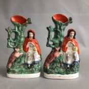 Antique Staffordshire pottery pair of Red Riding Hood and the Wolf spill vases