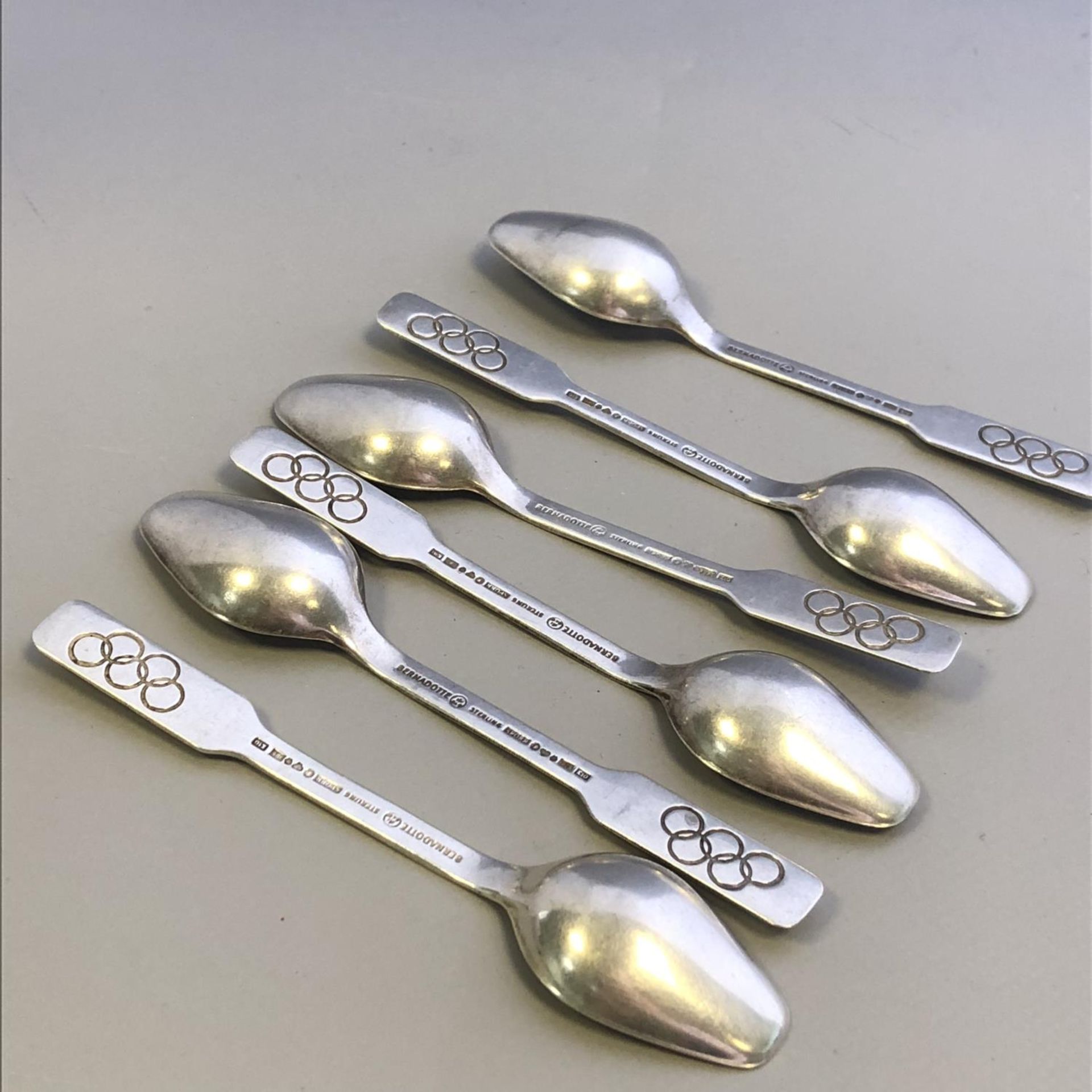 Set of 6 Sterling Silver Modernist Spoons with Olympic Rings to Handles - Sweden - Image 2 of 2
