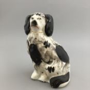 Antique Staffordshire Pottery Small Seated Spaniel - Black & White 19th Century
