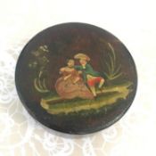 Antique Victorian 19th Century Lacquered Jar Box Lidded Pot with painted figures