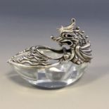 An attractive cut glass salt with hinged silver dragon lid.