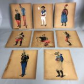 Collection of 8 Antique Caricature French Military Paintings Signed T G Roberts