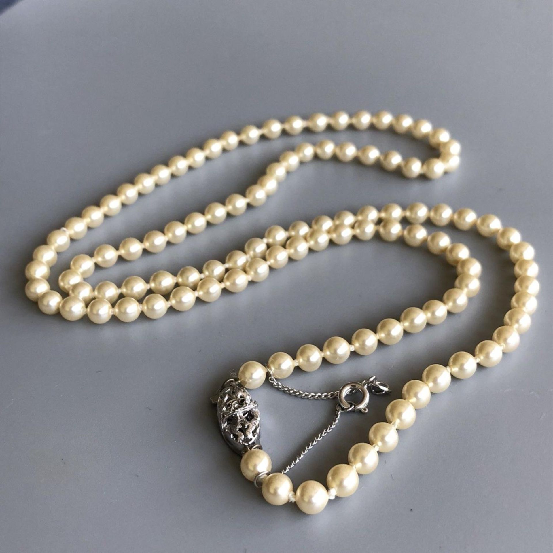 Faux pearl single strand long 28" necklace with 925 silver clasp