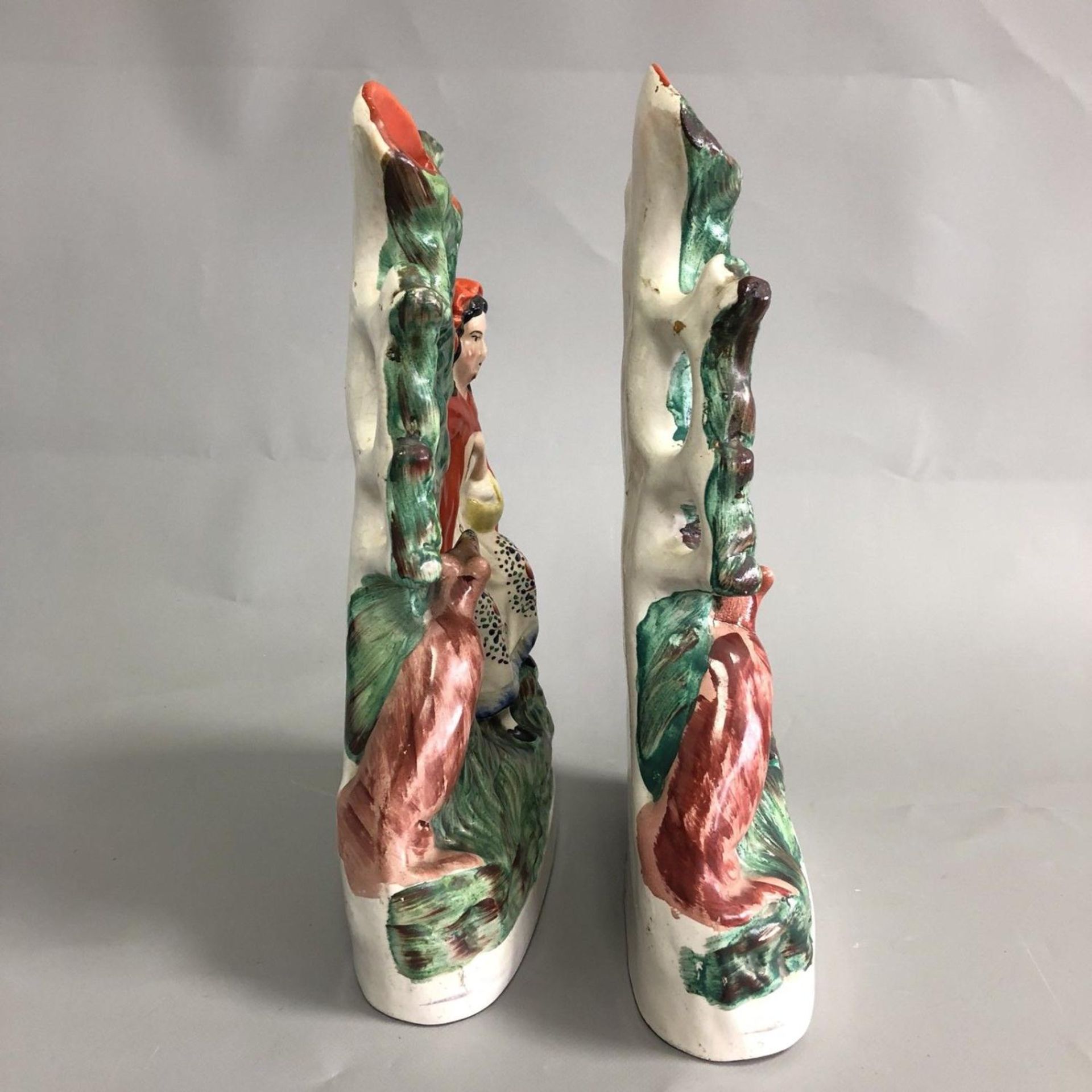 Antique Staffordshire pottery pair of Red Riding Hood and the Wolf spill vases - Image 2 of 2