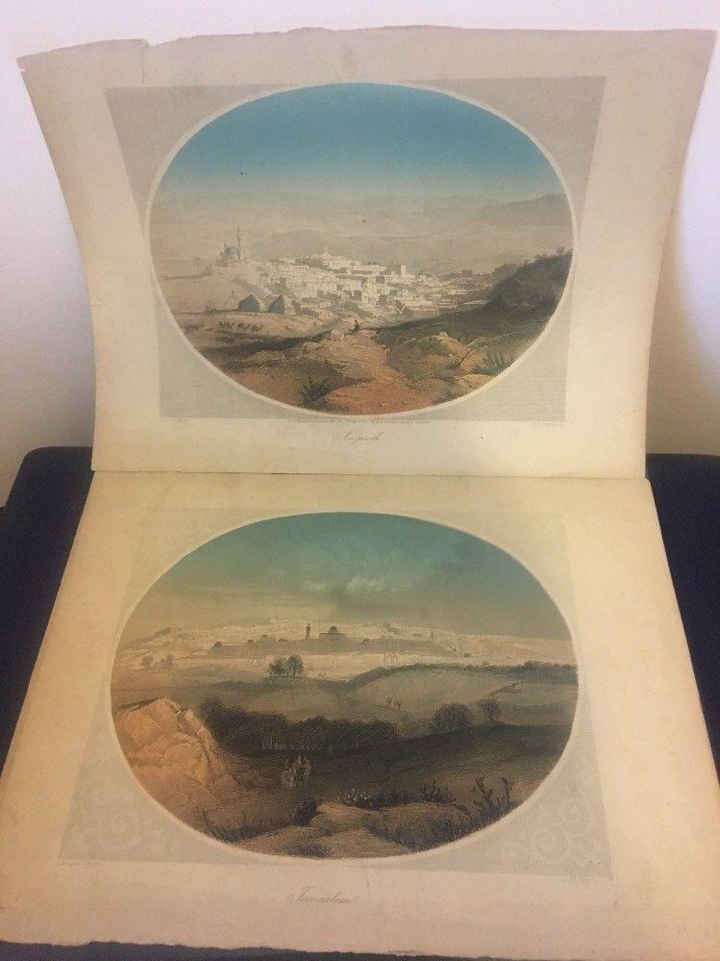 Pair antique Holy Land pictures engraved by Payne after Geyer Jerusalem Nazareth