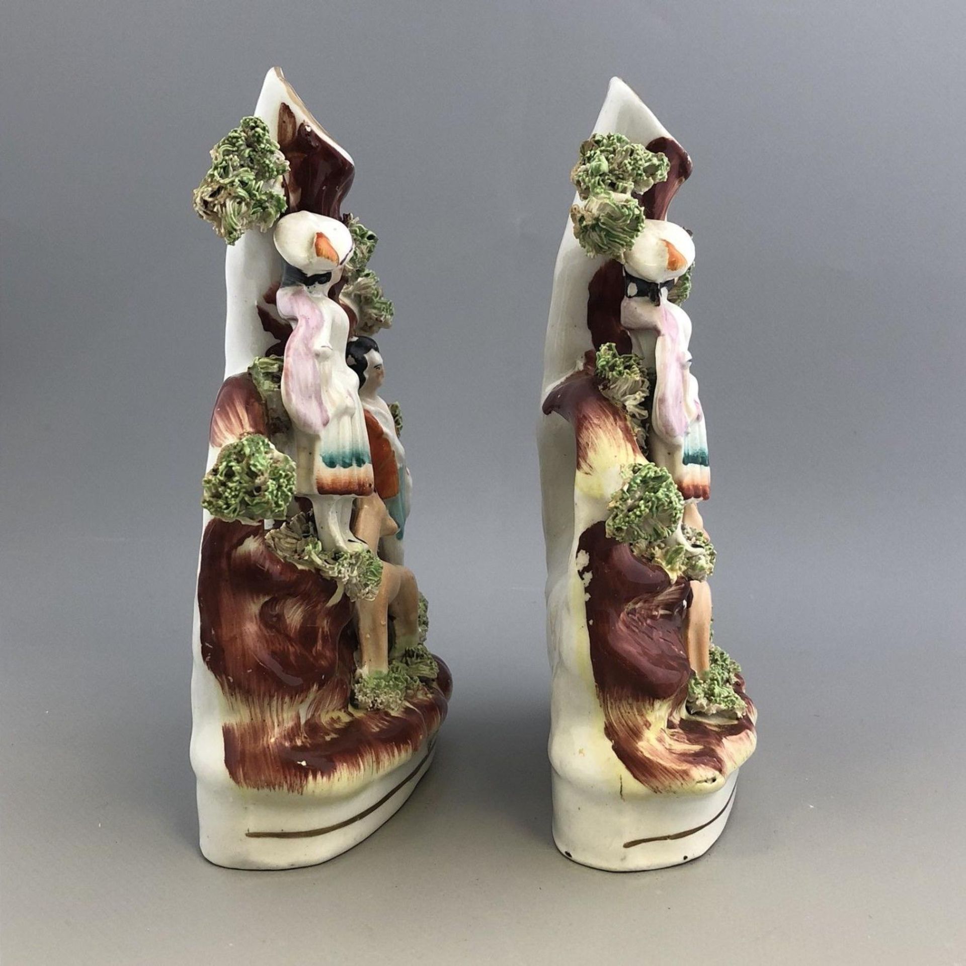 Antique Staffordshire Pottery PAIR of spill vases - couple with deer - 19th C. - Image 2 of 5