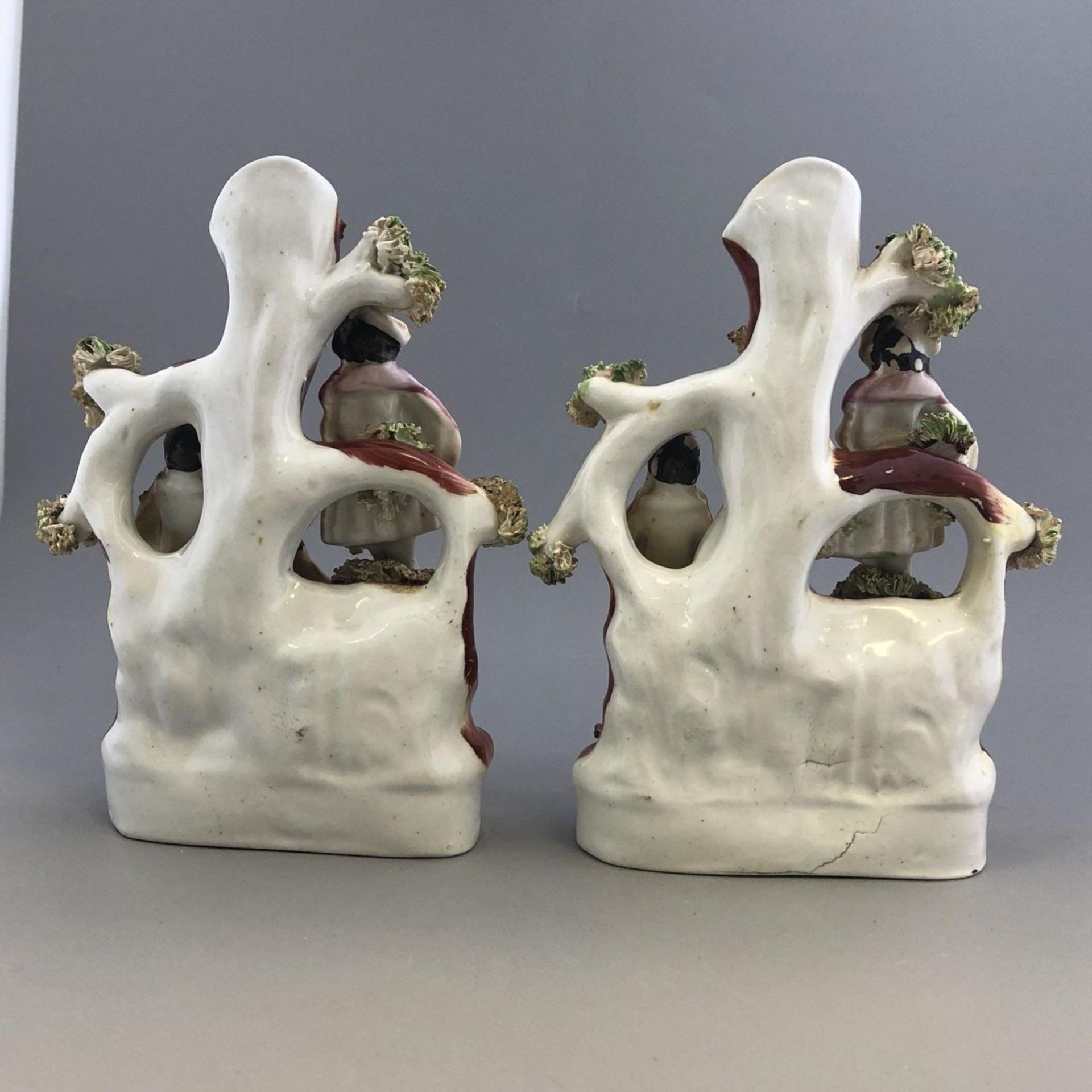 Antique Staffordshire Pottery PAIR of spill vases - couple with deer - 19th C. - Image 3 of 5