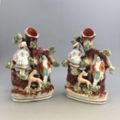 Antique Staffordshire Pottery PAIR of spill vases - couple with deer - 19th C.