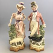 Antique Victorian Pair Bisque Porcelain Farmer Figures Sheep Collie Sheepdog