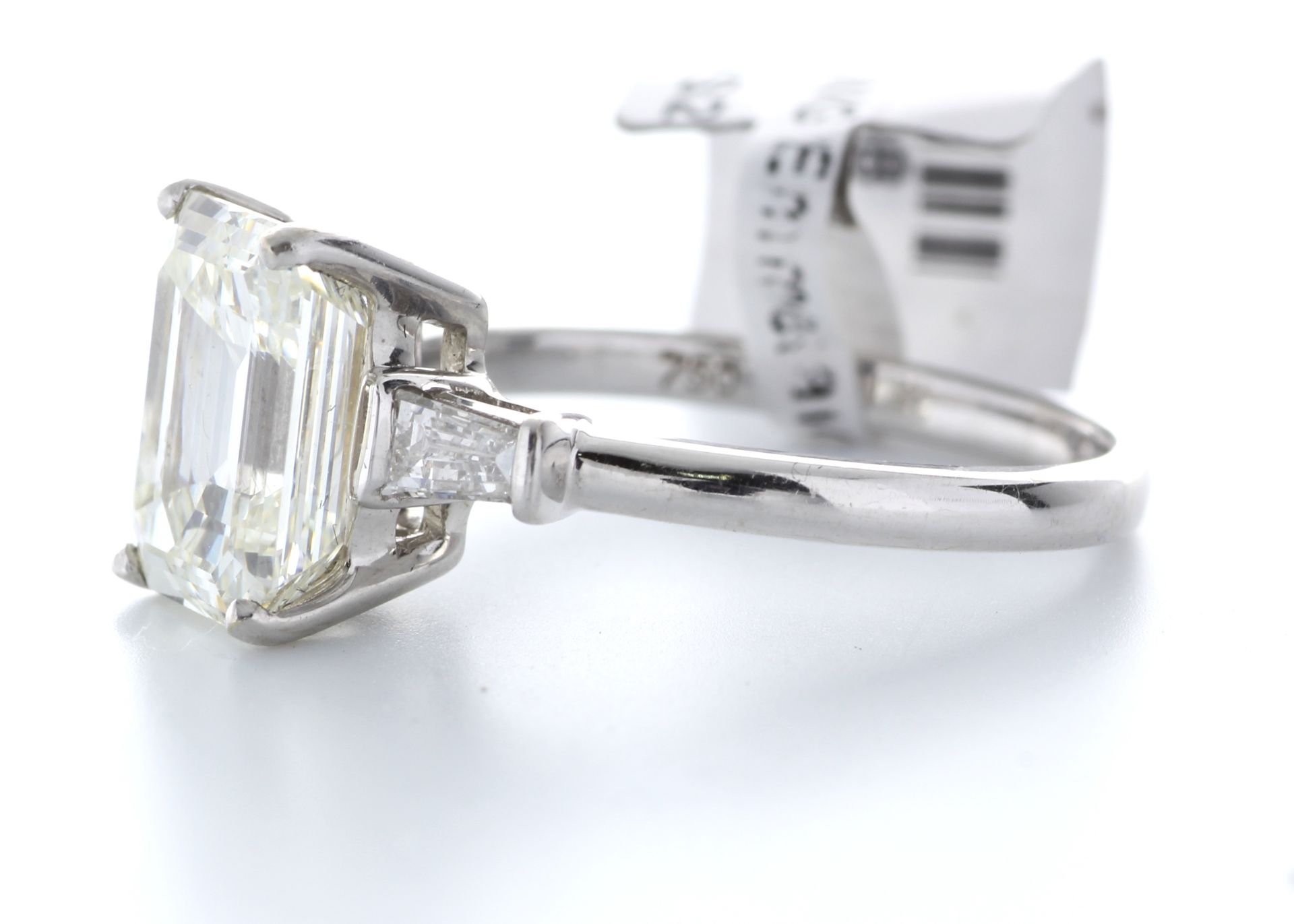 18ct White Gold Single Stone Emerald Cut Diamond Ring With Baguette Shoulders 3.19