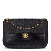 Chanel, Indigo Blue Quilted Denim & Black Calfskin Leather Single Flap Bag