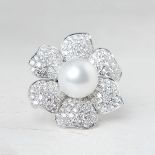Picchiotti 18k White Gold South Sea Pearl & 7.80ct Diamond Flower Ring