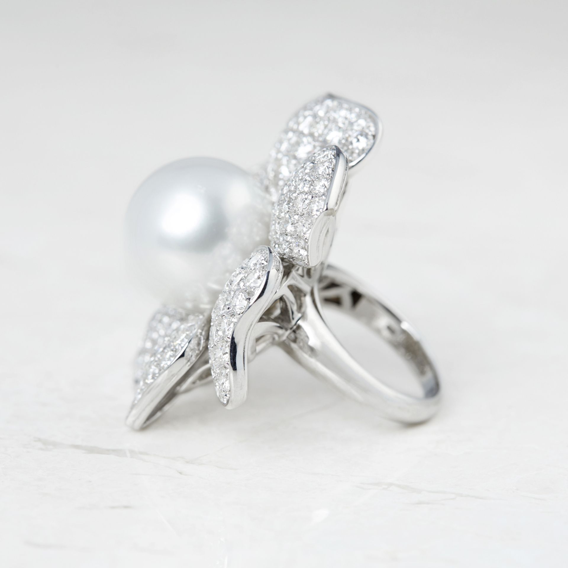 Picchiotti 18k White Gold South Sea Pearl & 7.80ct Diamond Flower Ring - Bild 5 aus 5
