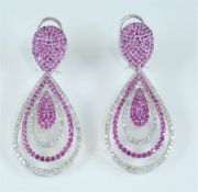 IGI Certified 14 K White Gold Long Diamond and Ruby Earrings
