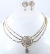 IGI Cert. Yellow Gold Necklace with 3 Diamond Strings & Gold Chains with matching Diamond Earrings