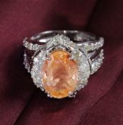 Very Exclusive Designer White Gold Padparadscha Sapphire (GRS certified) and Diamond Ring