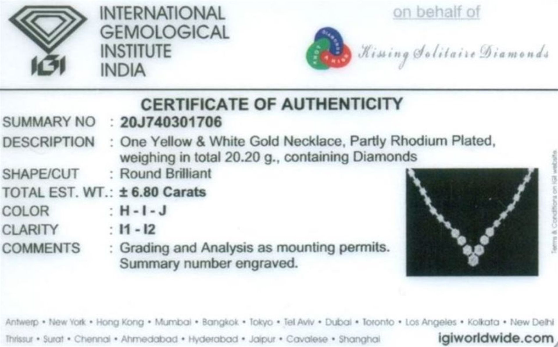 IGI Certified 14 K /585 stamped White and Yellow Gold Solitaire Diamond String Necklace - Image 9 of 10