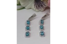 Deluxe Antique Cut Top Neon Blue Natural Apatite Gemstone Earrings, Bespoke - Unique - One Of A Kind