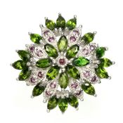 WOW! A very Unique Ring set with 24 Natural Diopside Gemstones & 17 Rhodolite Garnet Gemstones.