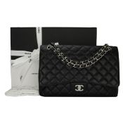 Authentic CHANEL Classic Single Flap Maxi Black Caviar with Silver Hardware 2009