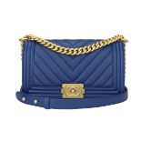 Chanel Old Medium Chevron Boy Blue Calfskin Brushed Gold Hardware 2018