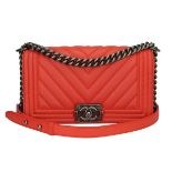 Chanel Old Medium Boy Chevron Peachy Red Calfskin Ruthenium Hardware 2016