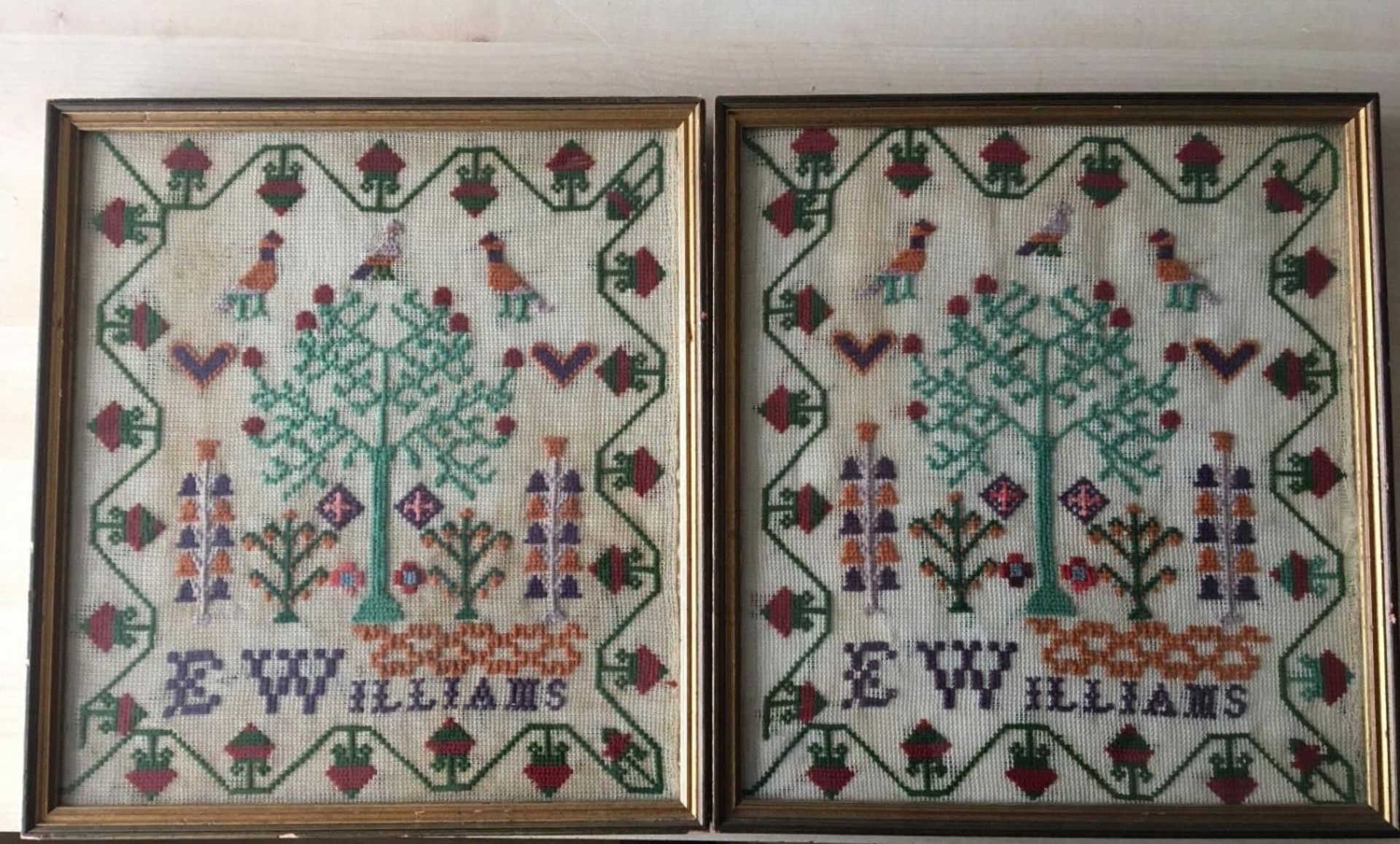 PAIR OF Antique 19th Century Cross Stitch Samplers by E Williams - Framed Glazed