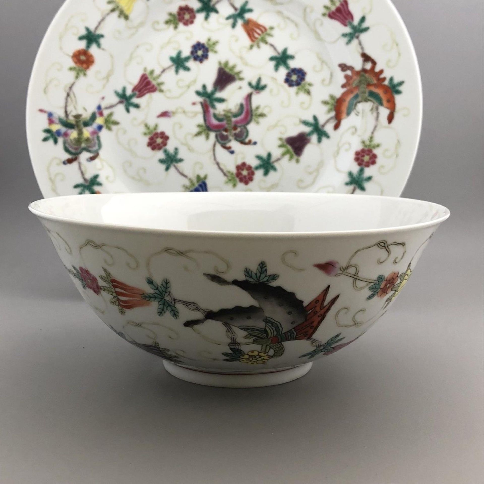 Chinese porcelain bowl and plate butterflies - six character seal mark to base - Image 2 of 5