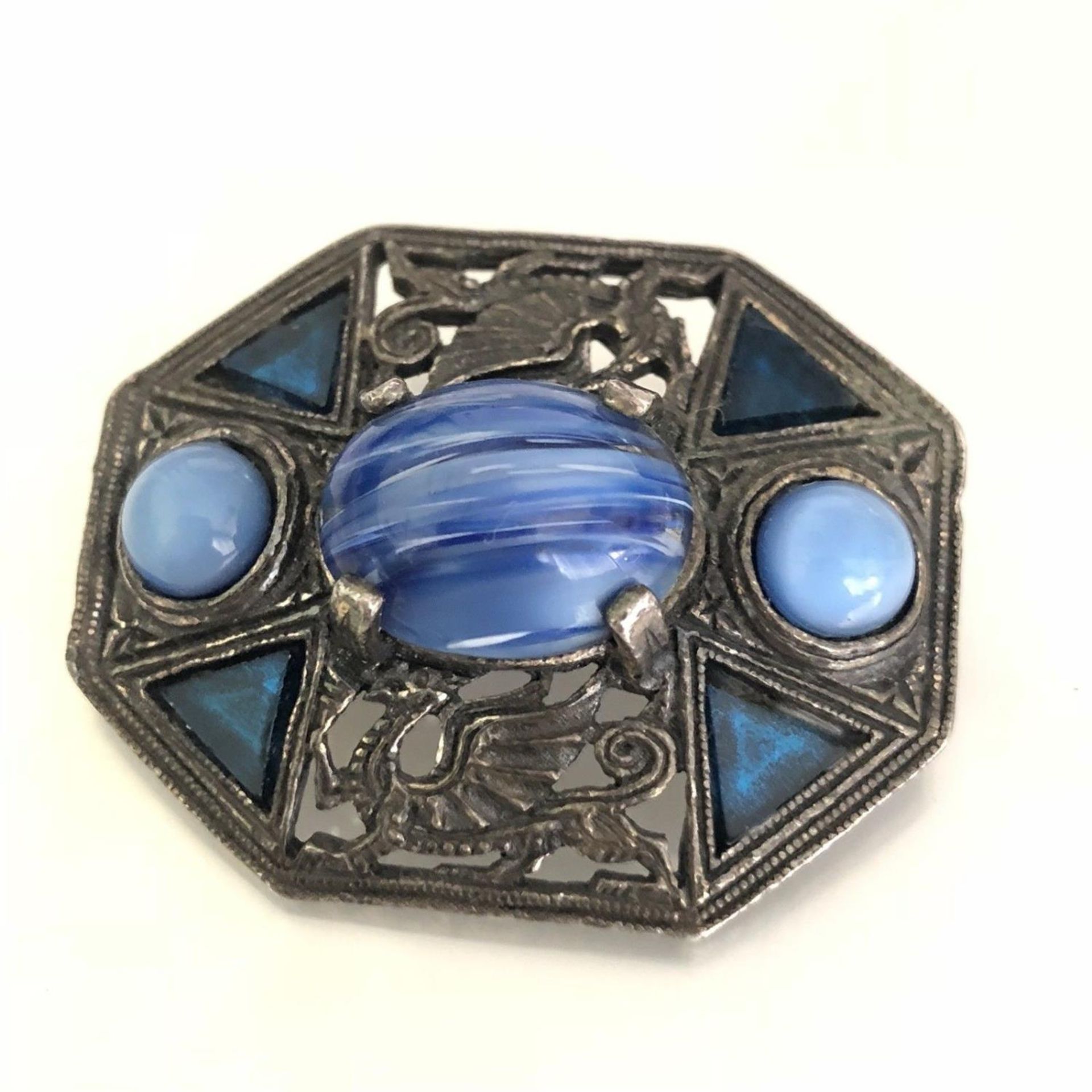 Vintage Brooch by Miracle - Celtic Welsh Dragons with Blue Stones - Image 2 of 3