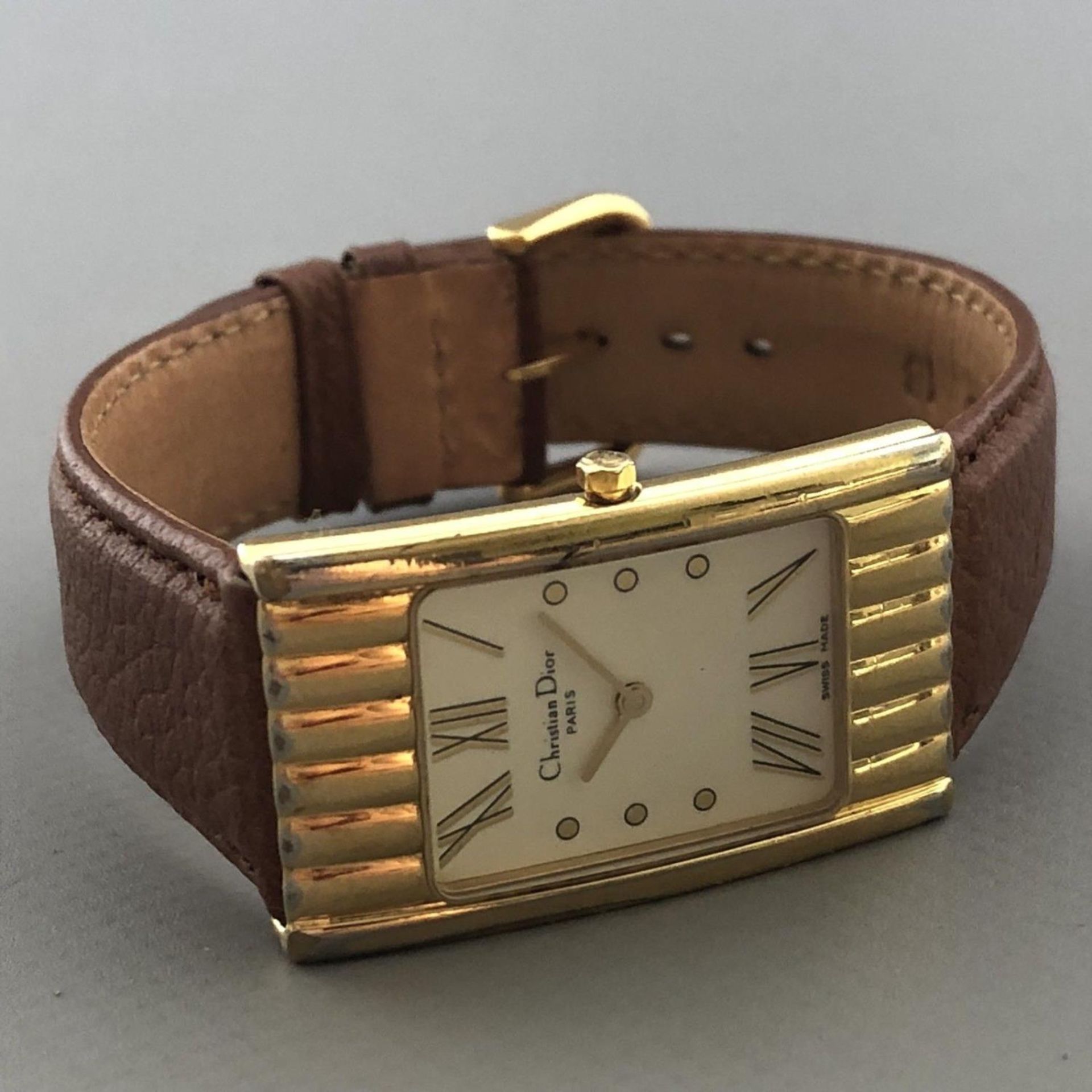 Retro Christian Dior Modele Depose Ladies Watch Gold Plated Tan Leather Strap - Image 2 of 8