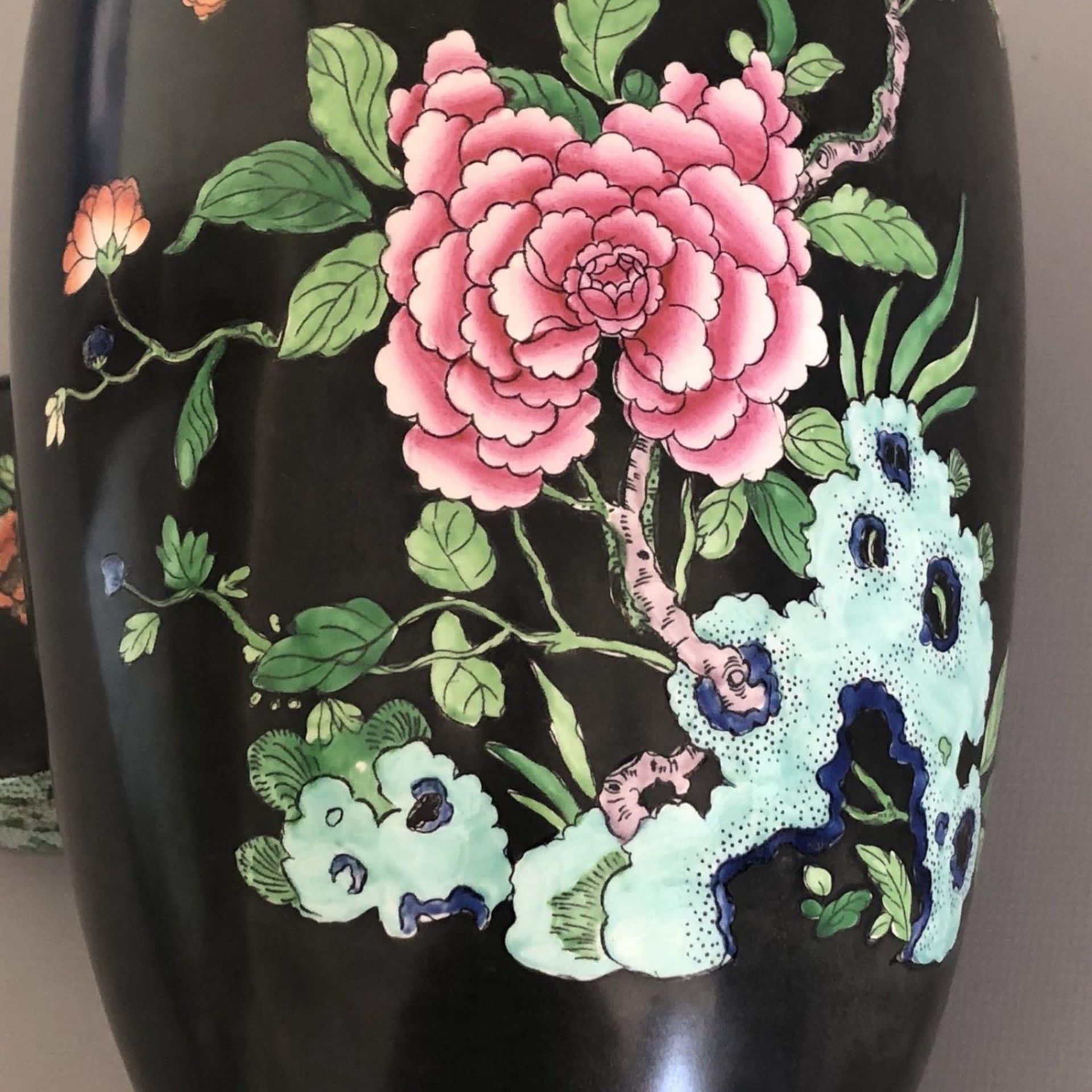 An antique Carlton Ware vase & cover KANG HSI blossom & bird on black ground - Image 8 of 8