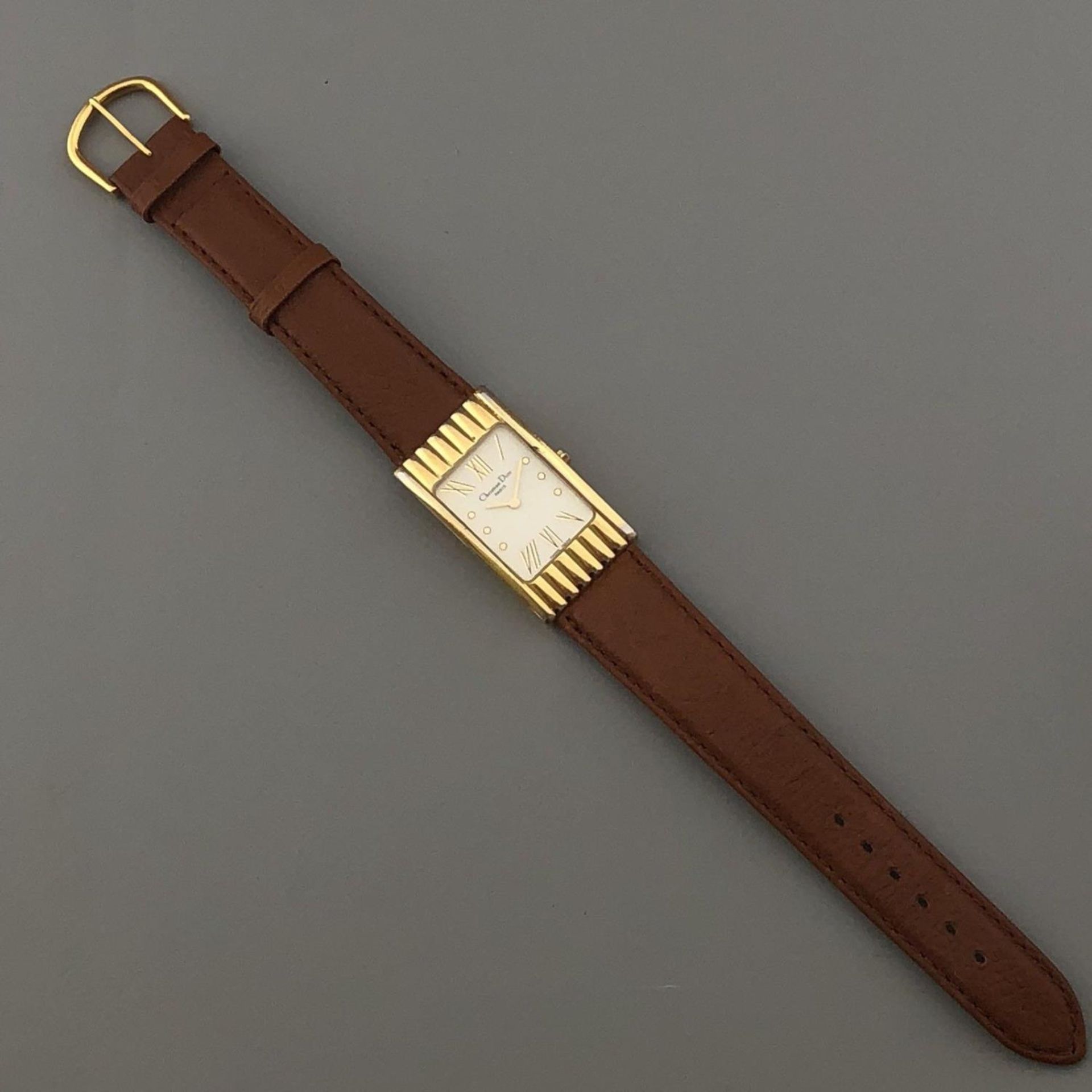 Retro Christian Dior Modele Depose Ladies Watch Gold Plated Tan Leather Strap - Image 4 of 8