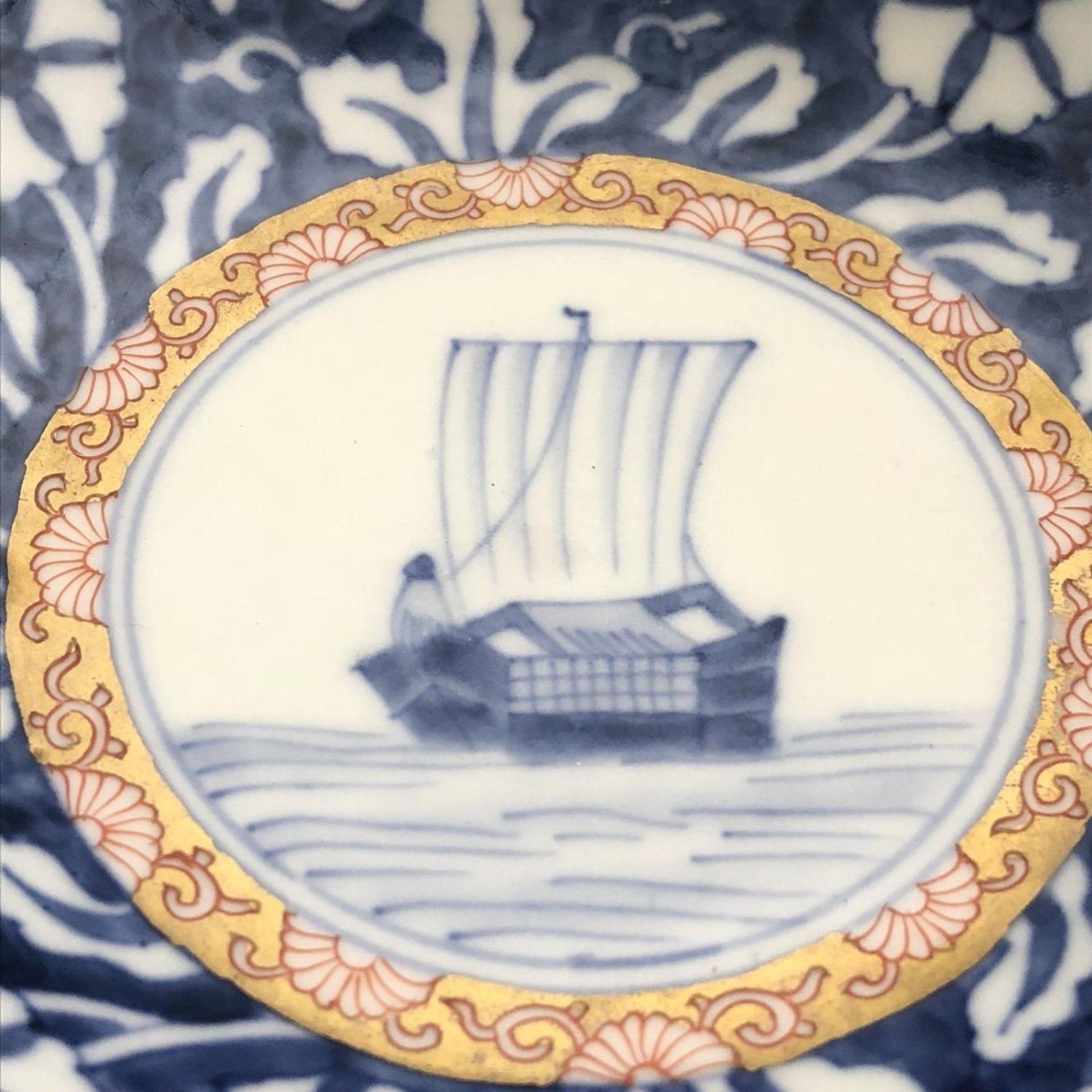 Antique Japanese Imari Arita Fukagawa porcelain plate dish bowl Wasen Sail Boat - Image 4 of 5